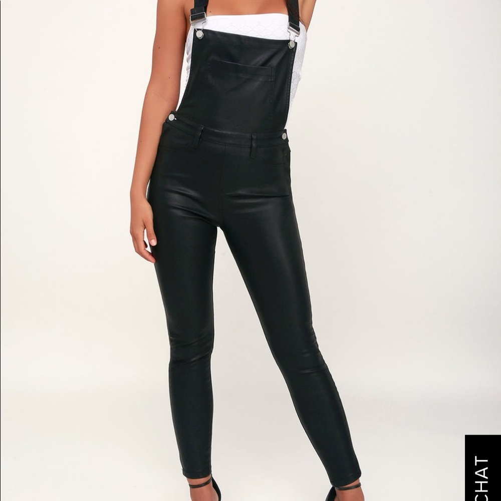 Black Vegan Leather Skinny Overalls